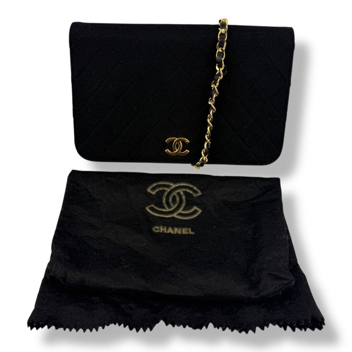 Chanel CC Black Push Lock Single Flap Quilted Cotton Shoulder Handbag - Lux Central