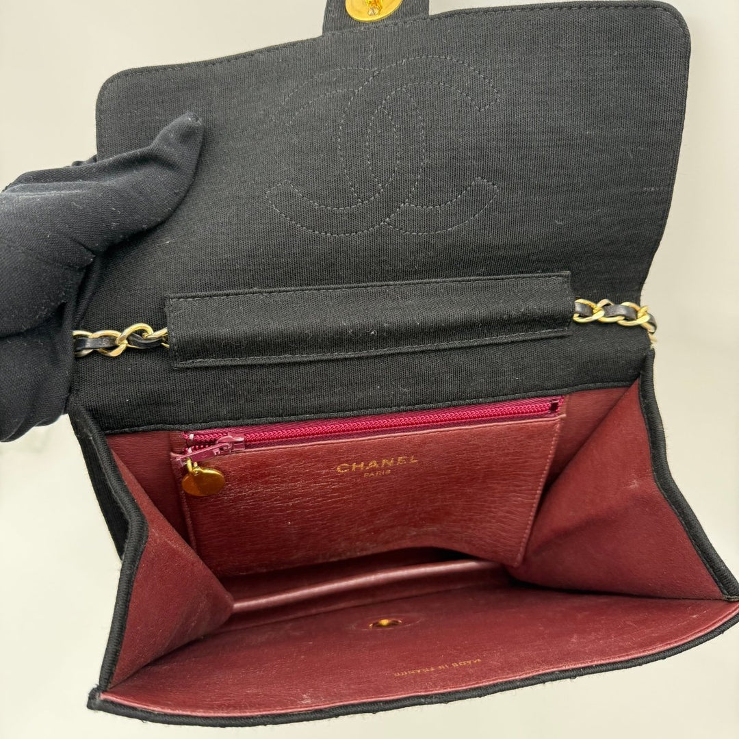 Chanel CC Black Push Lock Single Flap Quilted Cotton Shoulder Handbag - Lux Central
