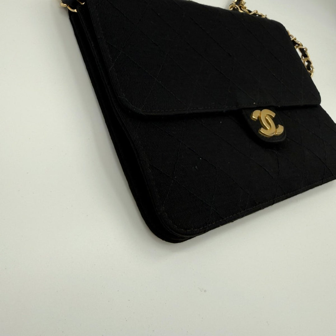 Chanel CC Black Push Lock Single Flap Quilted Cotton Shoulder Handbag - Lux Central