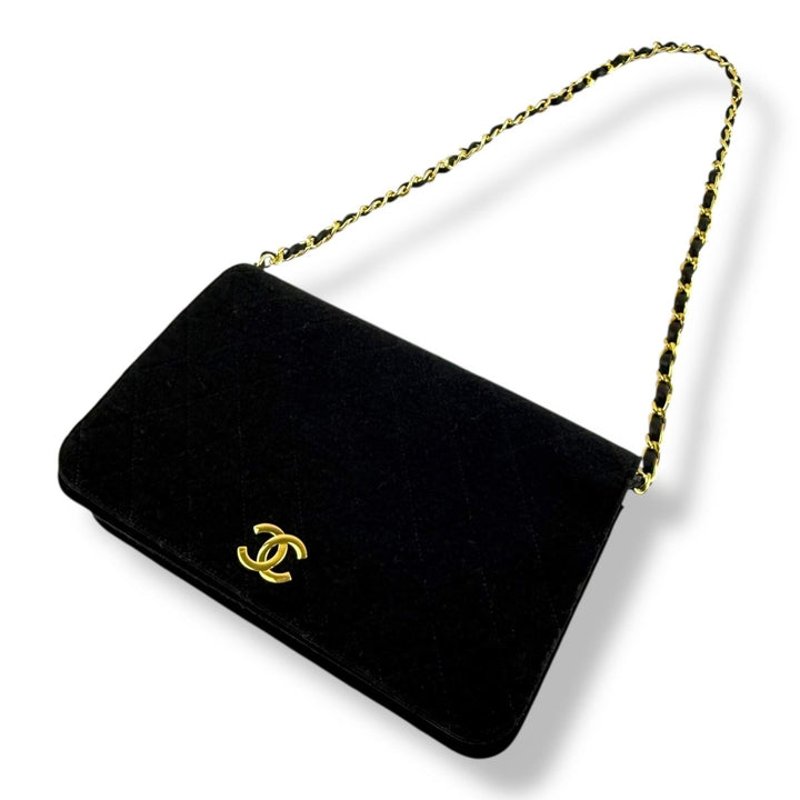 Chanel CC Black Push Lock Single Flap Quilted Cotton Shoulder Handbag - Lux Central