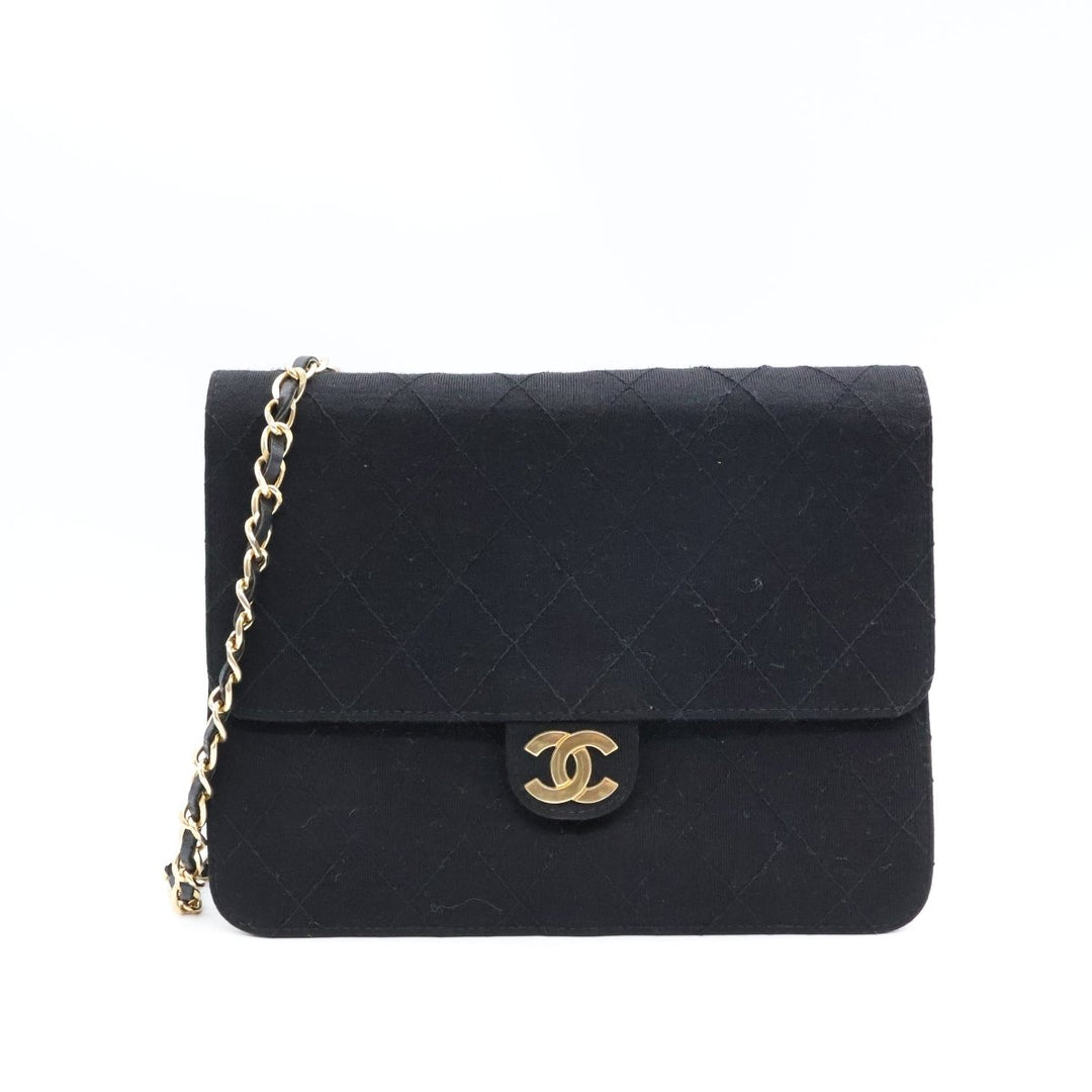 Chanel CC Black Push Lock Single Flap Quilted Cotton Shoulder Handbag - Lux Central