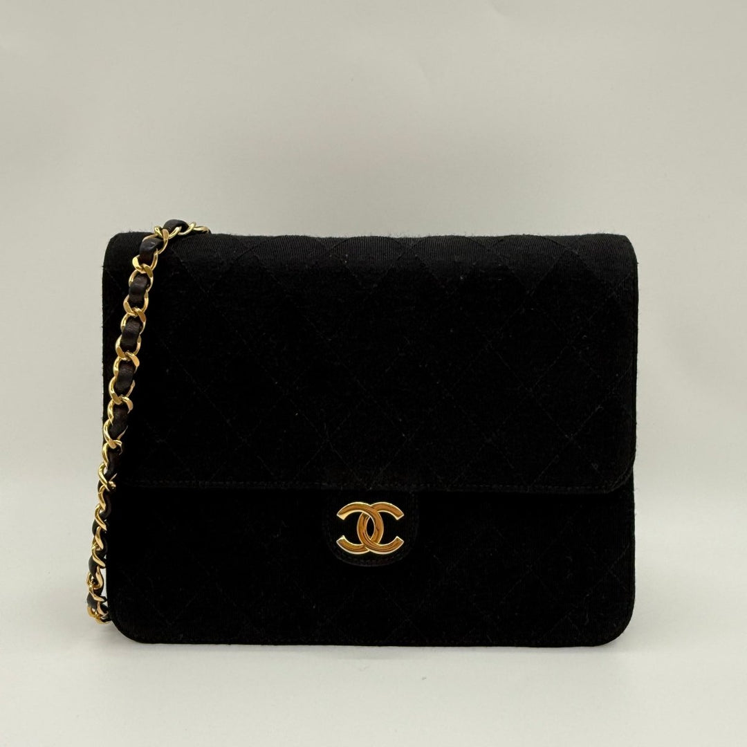 Chanel CC Black Push Lock Single Flap Quilted Cotton Shoulder Handbag - Lux Central
