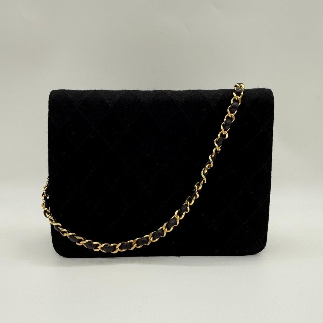 Chanel CC Black Push Lock Single Flap Quilted Cotton Shoulder Handbag - Lux Central