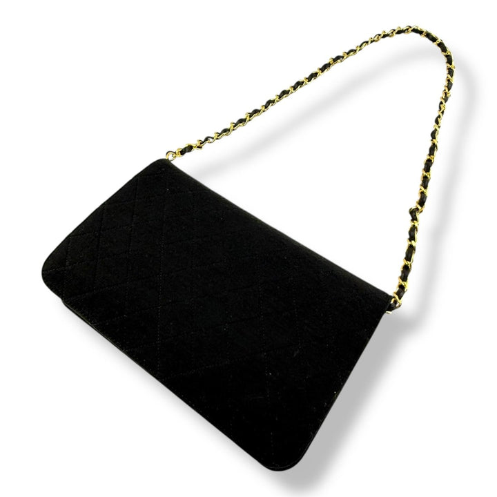 Chanel CC Black Push Lock Single Flap Quilted Cotton Shoulder Handbag - Lux Central