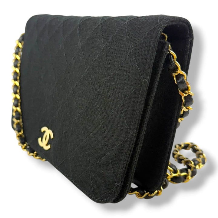 Chanel CC Black Push Lock Single Flap Quilted Cotton Shoulder Handbag - Lux Central