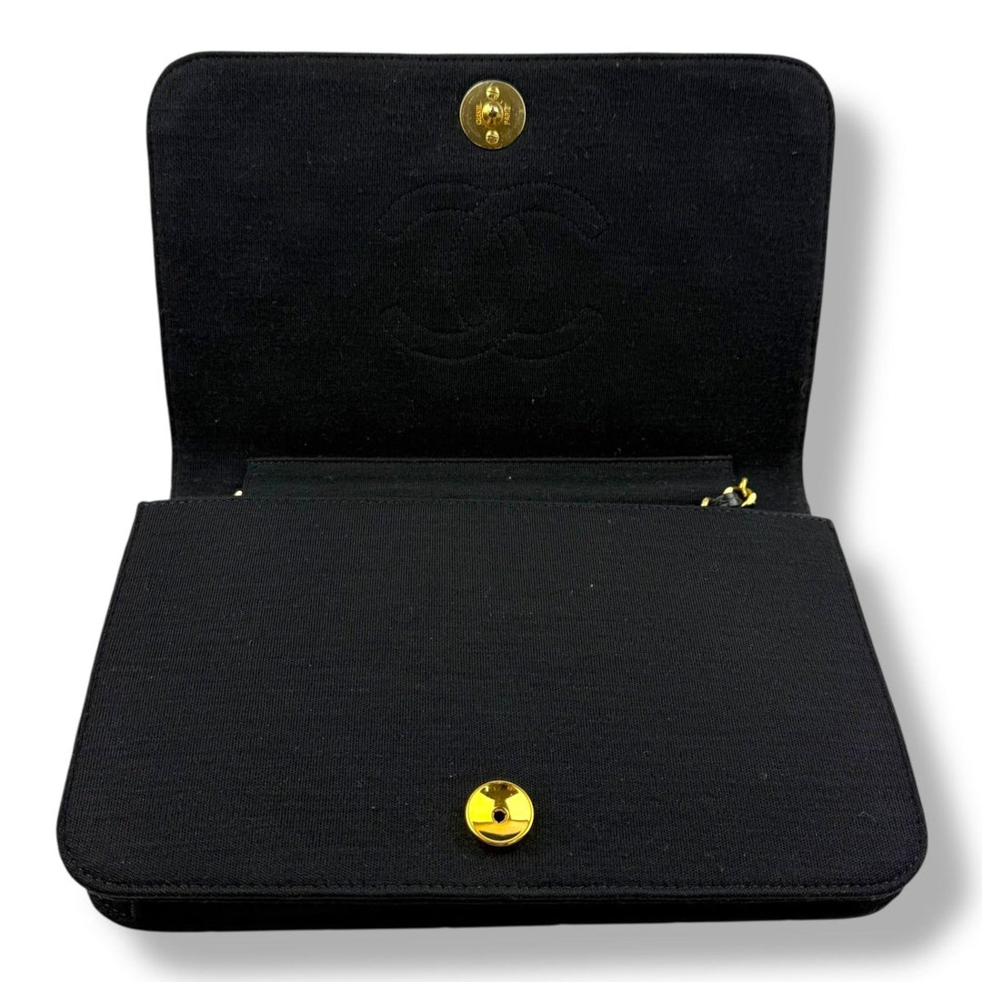 Chanel CC Black Push Lock Single Flap Quilted Cotton Shoulder Handbag - Lux Central