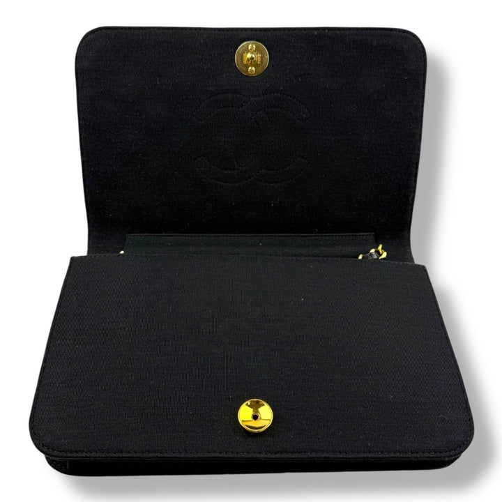 Chanel CC Black Push Lock Single Flap Quilted Cotton Shoulder Handbag - Lux Central