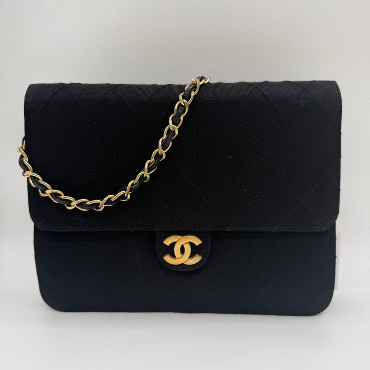 Chanel CC Black Push Lock Single Flap Quilted Cotton Shoulder Handbag - Lux Central