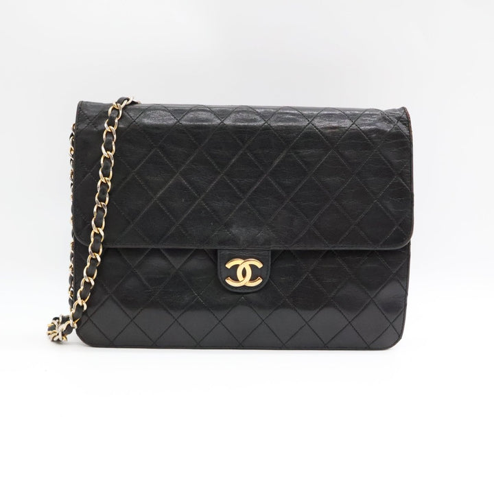 Chanel CC Black Push Lock Single Flap Quilted Lambskin Shoulder Handbag - Lux Central