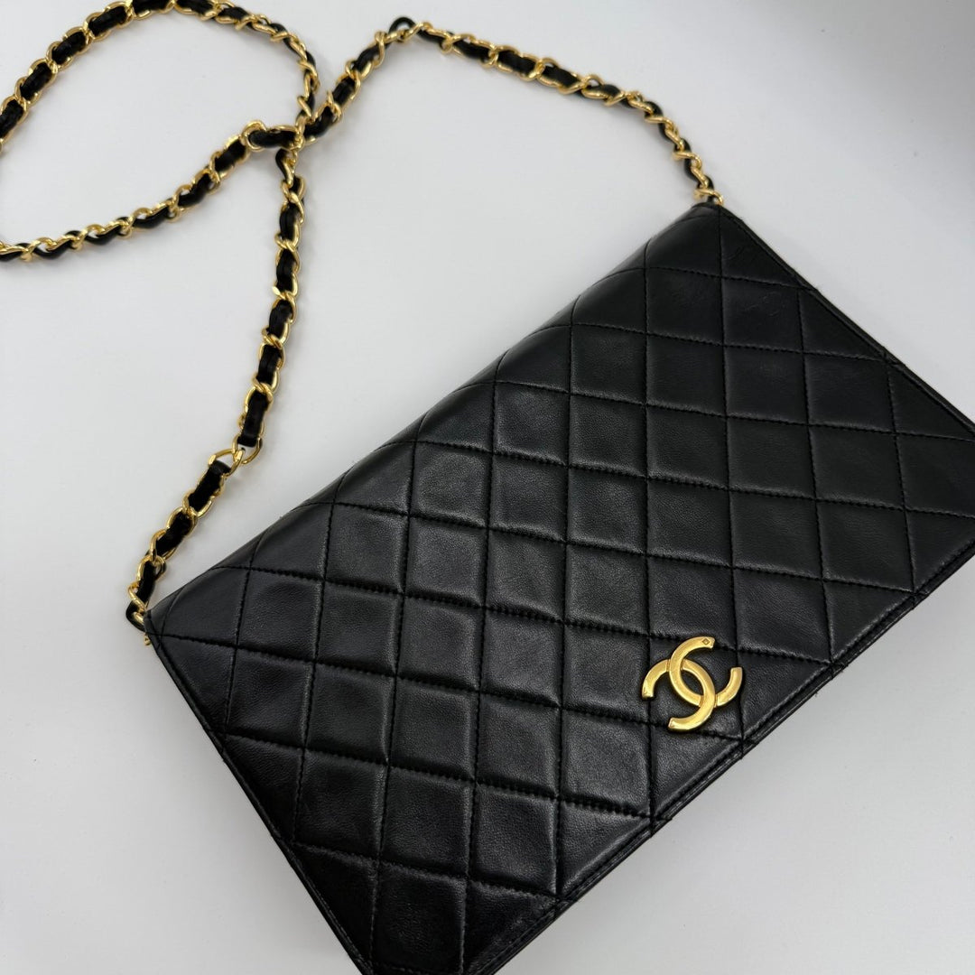 Chanel CC Black Push Lock Single Flap Quilted Lambskin Shoulder Handbag - Lux Central