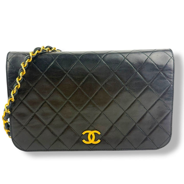 Chanel CC Black Push Lock Single Flap Quilted Lambskin Shoulder Handbag - Lux Central