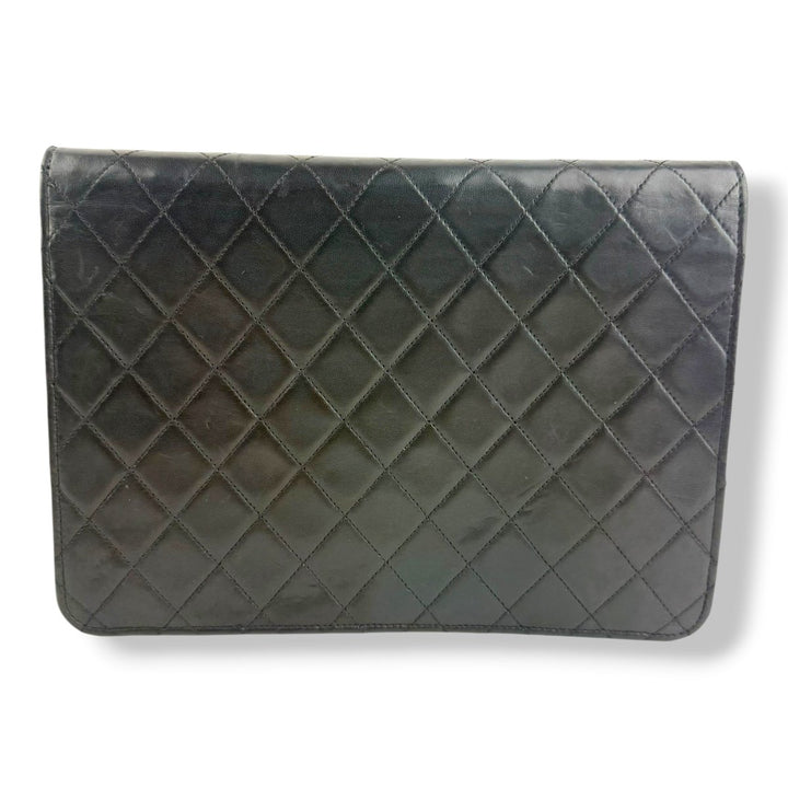 Chanel CC Black Push Lock Single Flap Quilted Lambskin Shoulder Handbag - Lux Central