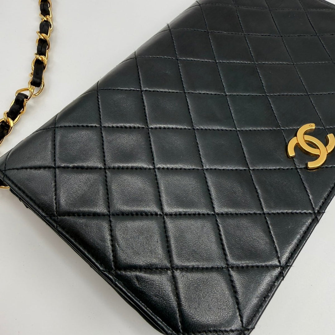 Chanel CC Black Push Lock Single Flap Quilted Lambskin Shoulder Handbag - Lux Central