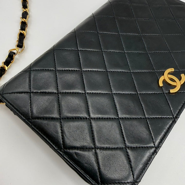 Chanel CC Black Push Lock Single Flap Quilted Lambskin Shoulder Handbag - Lux Central