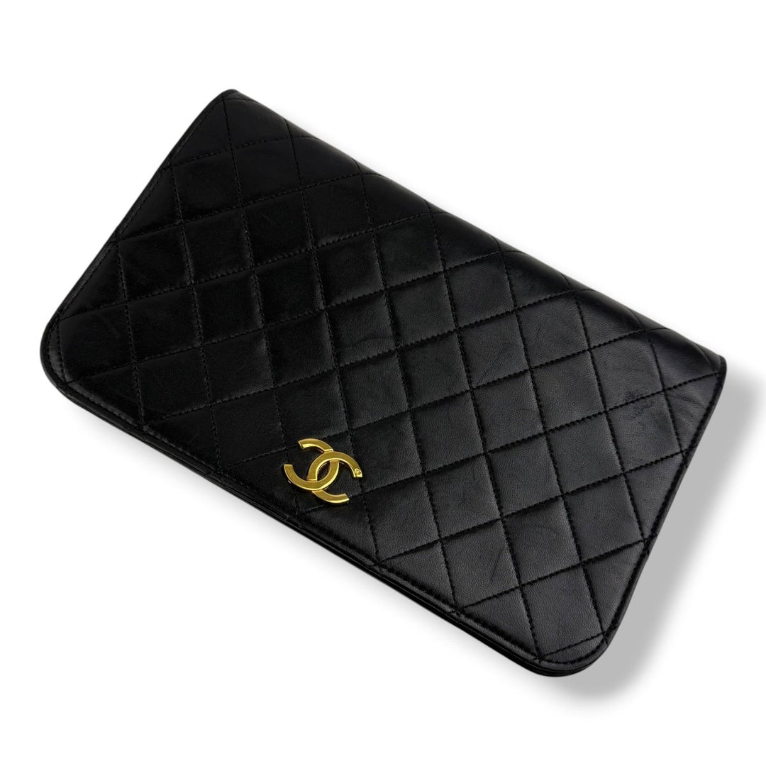 Chanel CC Black Push Lock Single Flap Quilted Lambskin Shoulder Handbag - Lux Central