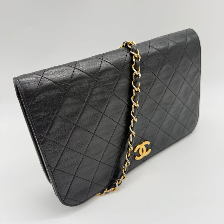 Chanel CC Black Push Lock Single Flap Quilted Lambskin Shoulder Handbag - Lux Central