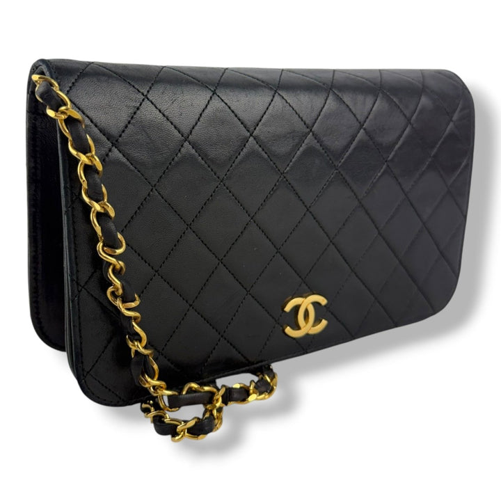 Chanel CC Black Push Lock Single Flap Quilted Lambskin Shoulder Handbag - Lux Central