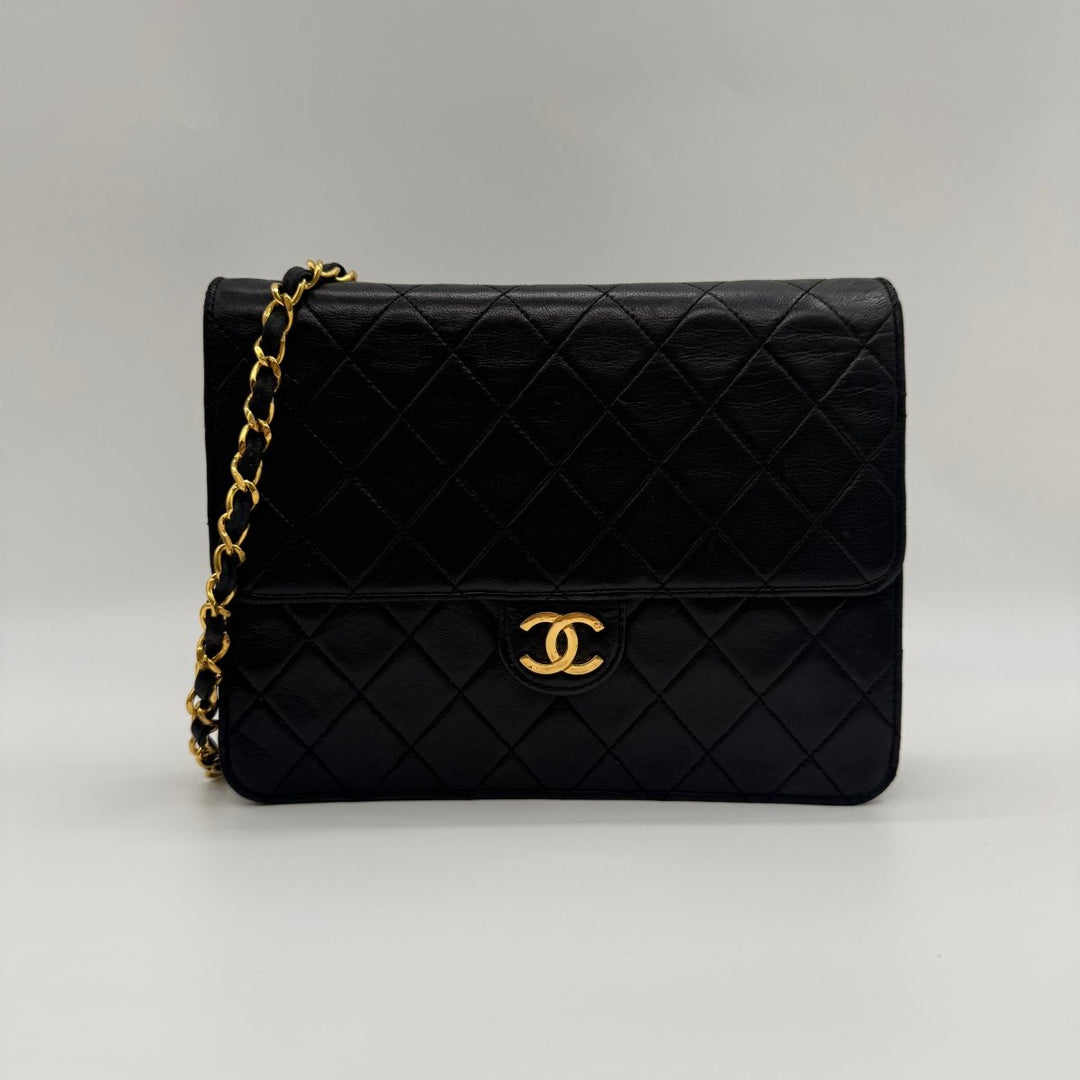 Chanel CC Black Push Lock Single Flap Quilted Lambskin Shoulder Handbag - Lux Central