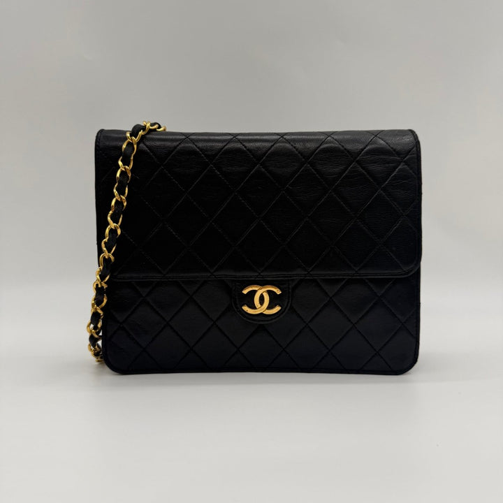 Chanel CC Black Push Lock Single Flap Quilted Lambskin Shoulder Handbag - Lux Central