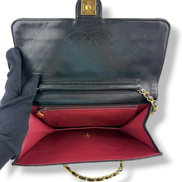 Chanel CC Black Push Lock Single Flap Quilted Lambskin Shoulder Handbag - Lux Central