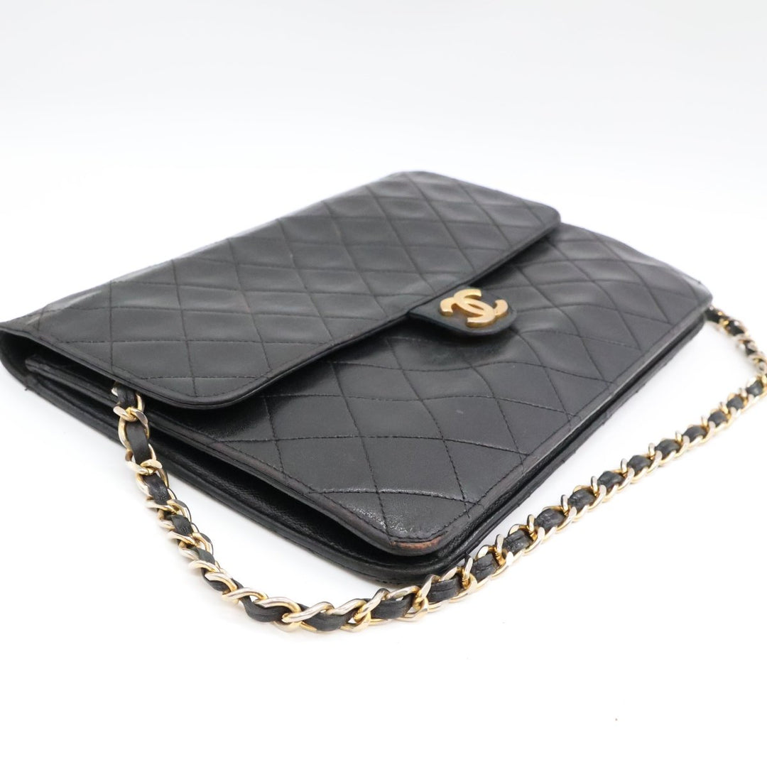 Chanel CC Black Push Lock Single Flap Quilted Lambskin Shoulder Handbag - Lux Central