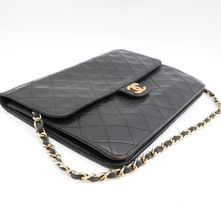 Chanel CC Black Push Lock Single Flap Quilted Lambskin Shoulder Handbag - Lux Central