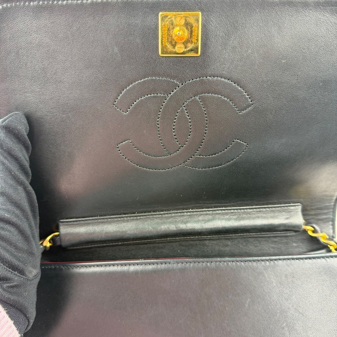 Chanel CC Black Push Lock Single Flap Quilted Lambskin Shoulder Handbag - Lux Central