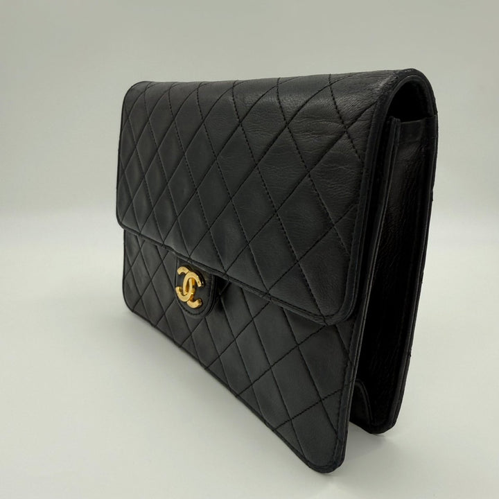 Chanel CC Black Push Lock Single Flap Quilted Lambskin Shoulder Handbag - Lux Central