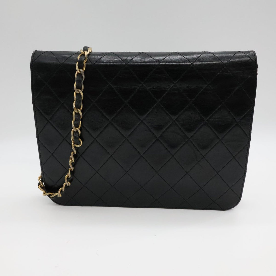 Chanel CC Black Push Lock Single Flap Quilted Lambskin Shoulder Handbag - Lux Central