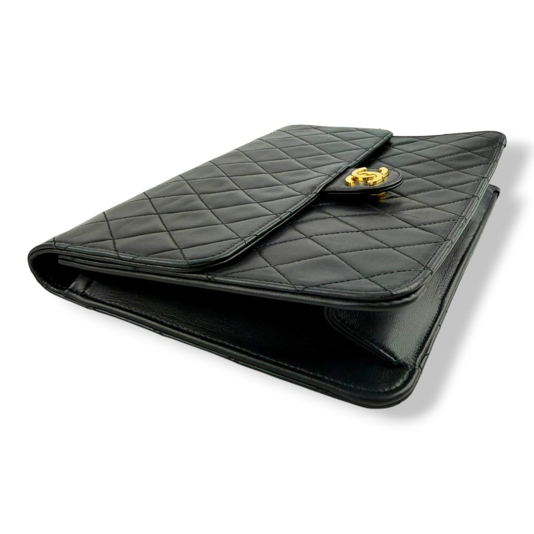 Chanel CC Black Push Lock Single Flap Quilted Lambskin Shoulder Handbag - Lux Central