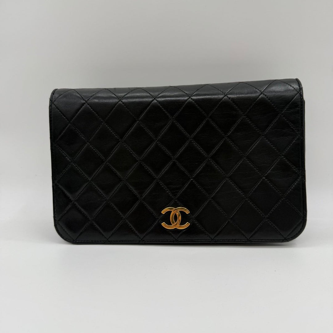 Chanel CC Black Push Lock Single Flap Quilted Lambskin Shoulder Handbag - Lux Central