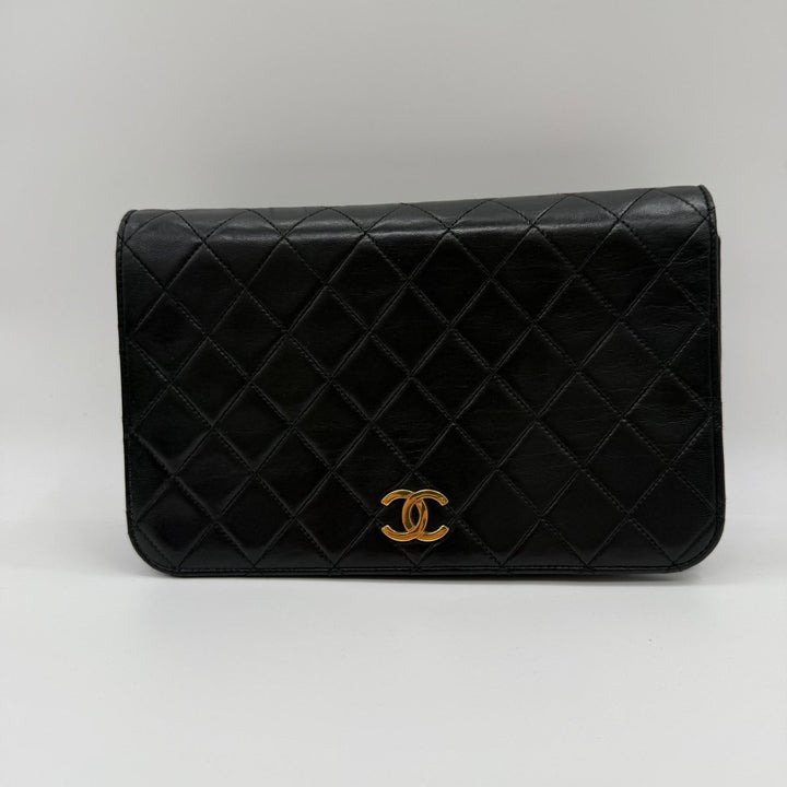 Chanel CC Black Push Lock Single Flap Quilted Lambskin Shoulder Handbag - Lux Central
