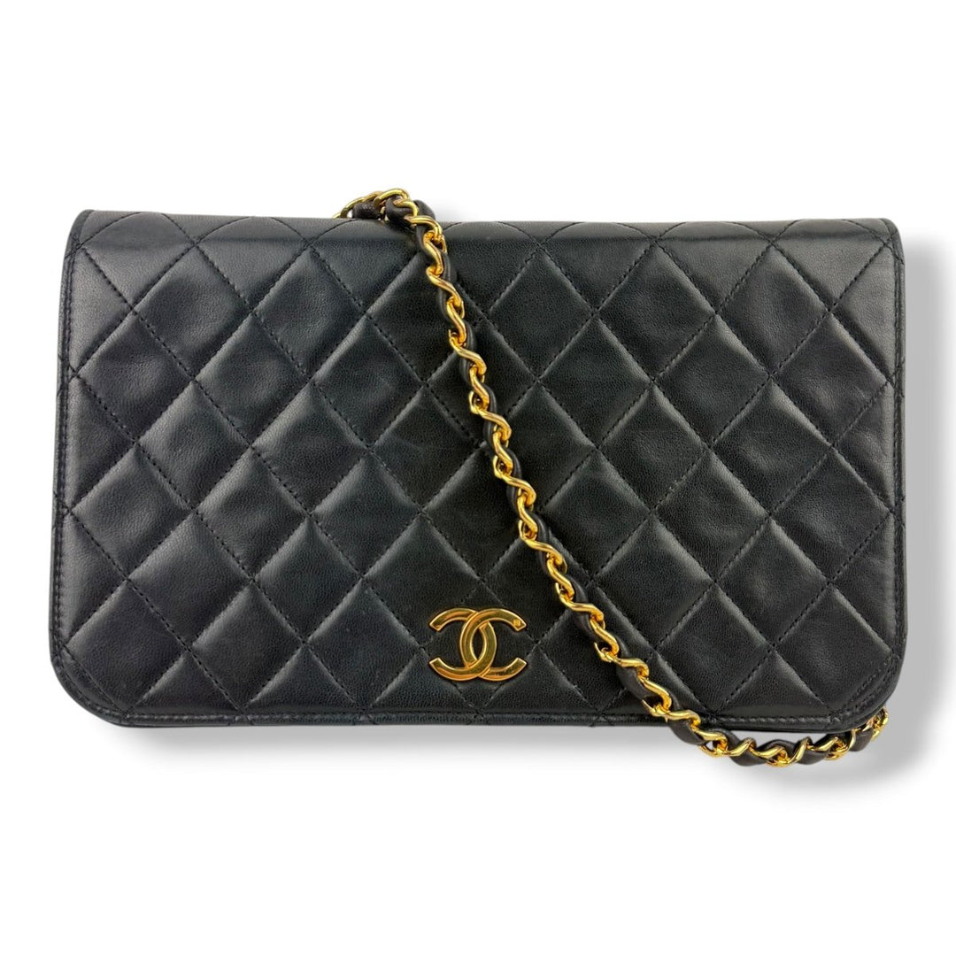 Chanel CC Black Push Lock Single Flap Quilted Lambskin Shoulder Handbag - Lux Central