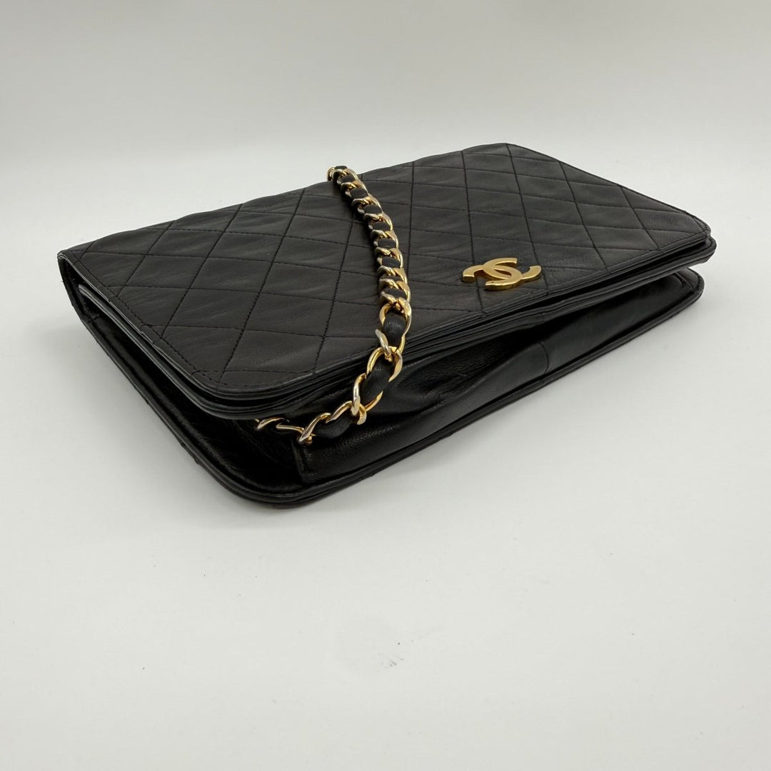 Chanel CC Black Push Lock Single Flap Quilted Lambskin Shoulder Handbag - Lux Central