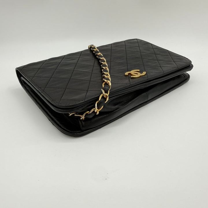 Chanel CC Black Push Lock Single Flap Quilted Lambskin Shoulder Handbag - Lux Central