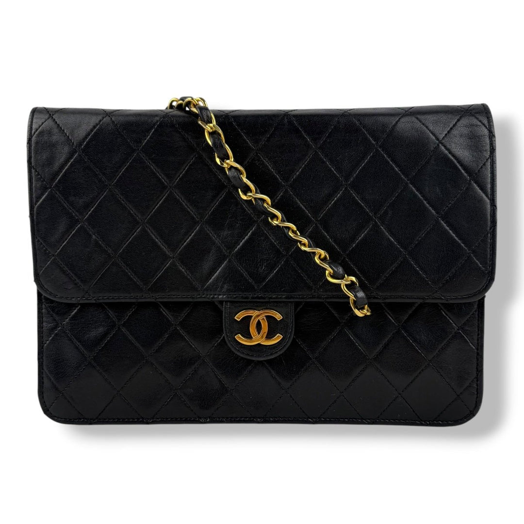 Chanel CC Black Push Lock Single Flap Quilted Lambskin Shoulder Handbag - Lux Central