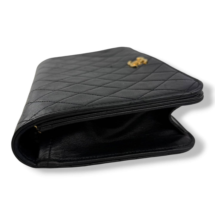 Chanel CC Black Push Lock Single Flap Quilted Lambskin Shoulder Handbag - Lux Central