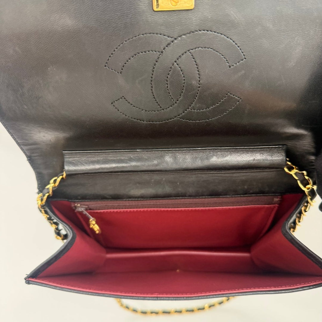 Chanel CC Black Push Lock Single Flap Quilted Lambskin Shoulder Handbag - Lux Central