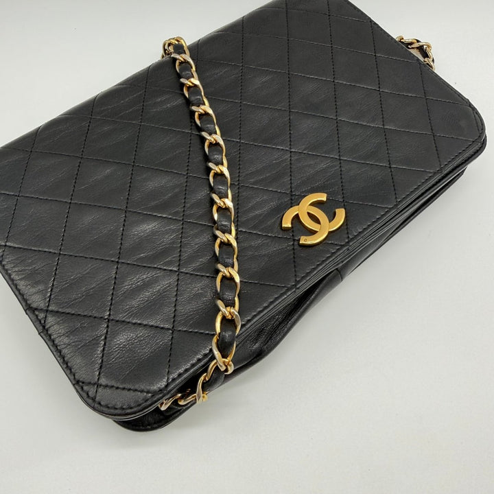 Chanel CC Black Push Lock Single Flap Quilted Lambskin Shoulder Handbag - Lux Central
