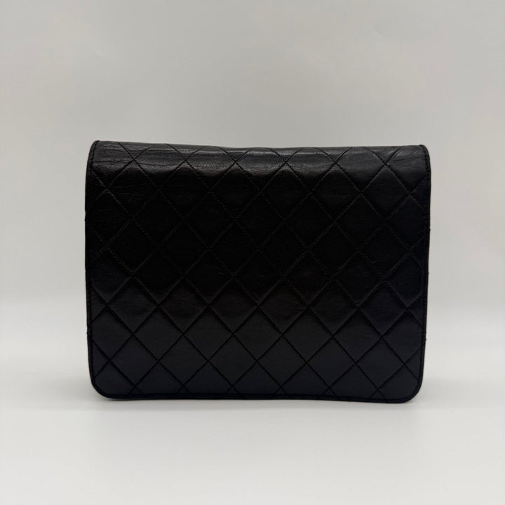 Chanel CC Black Push Lock Single Flap Quilted Lambskin Shoulder Handbag - Lux Central