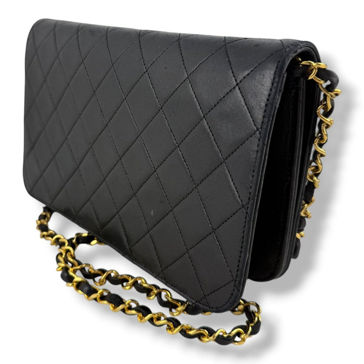 Chanel CC Black Push Lock Single Flap Quilted Lambskin Shoulder Handbag - Lux Central
