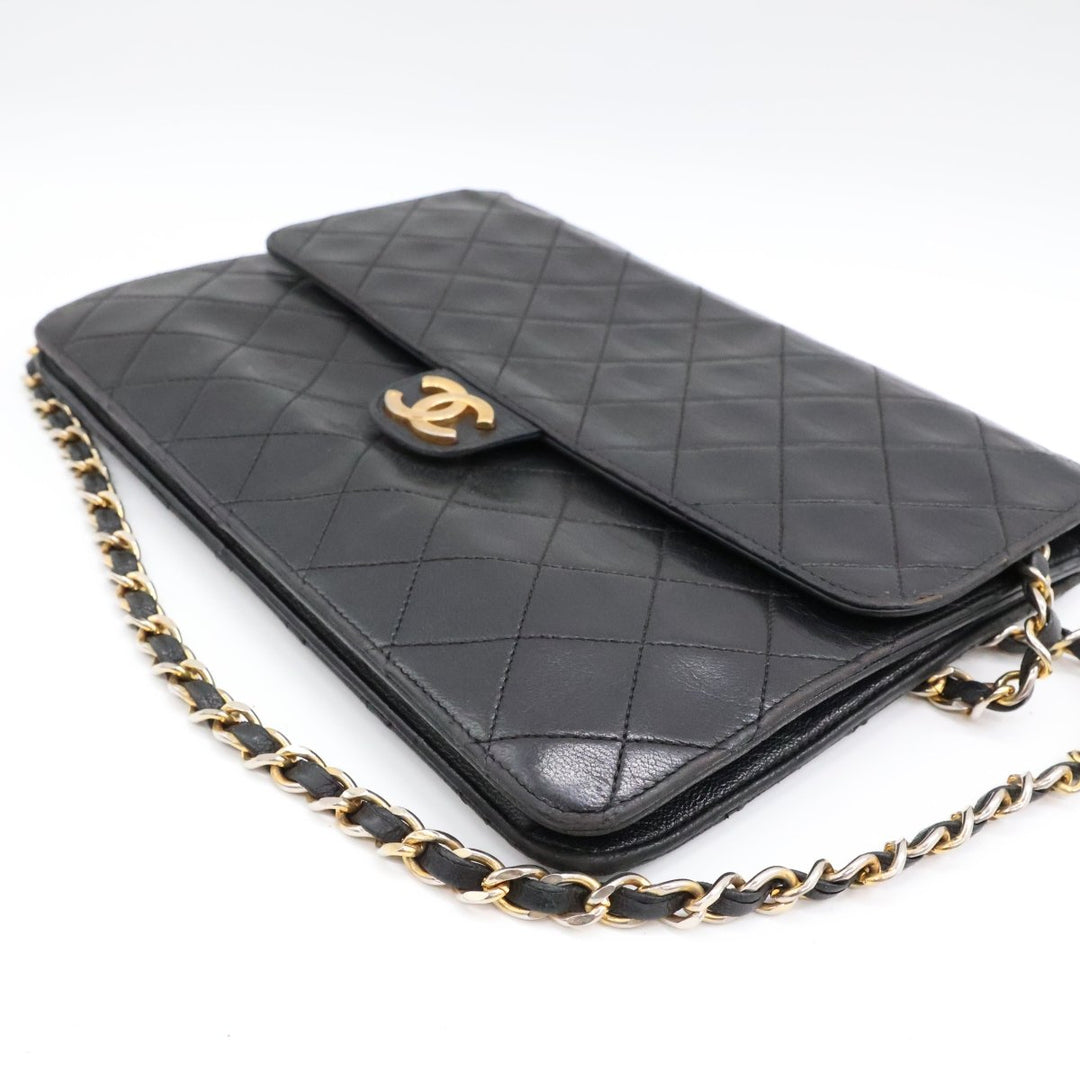 Chanel CC Black Push Lock Single Flap Quilted Lambskin Shoulder Handbag - Lux Central