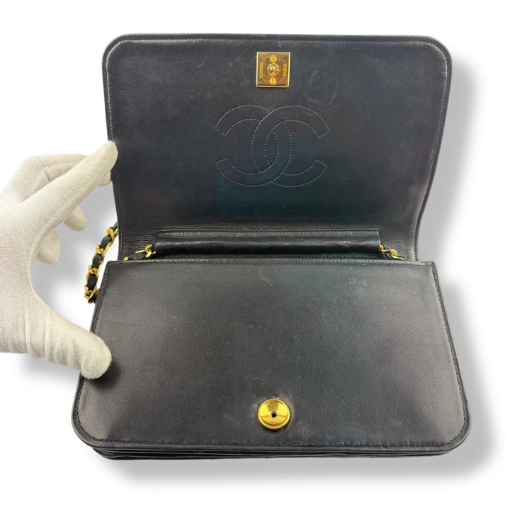 Chanel CC Black Push Lock Single Flap Vintage Shoulder Handbag - Lux Central