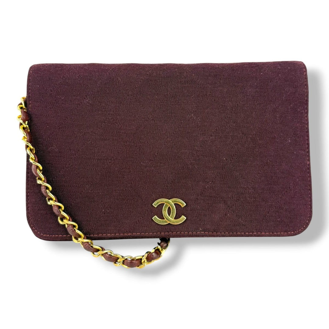 Chanel CC Burgundy Push Lock Single Flap Quilted Cotton Shoulder Handbag - Lux Central