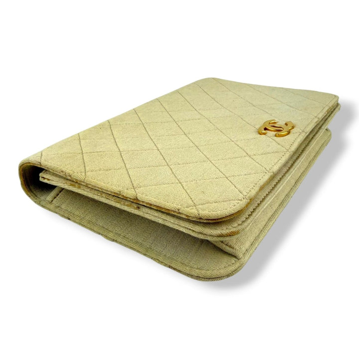 Chanel CC Cream Push Lock Single Flap Quilted Cotton Shoulder Handbag - Lux Central