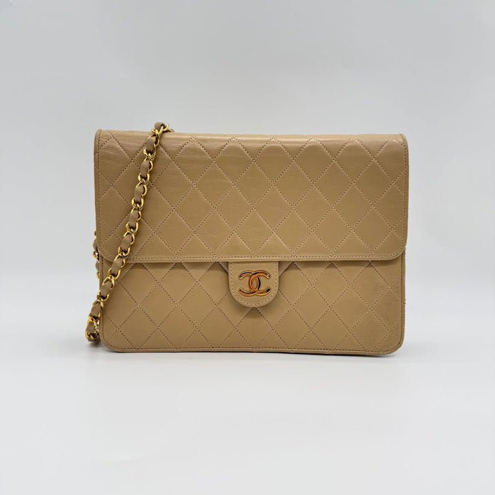 Chanel CC Cream Push Lock Single Flap Quilted Lambskin Shoulder Handbag - Lux Central