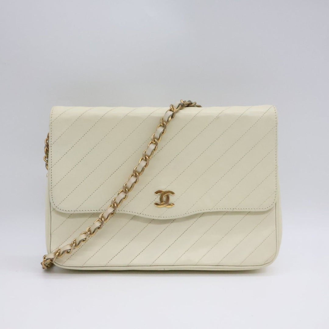 Chanel CC Cream Push Lock Single Flap Vintage Shoulder Handbag - Lux Central