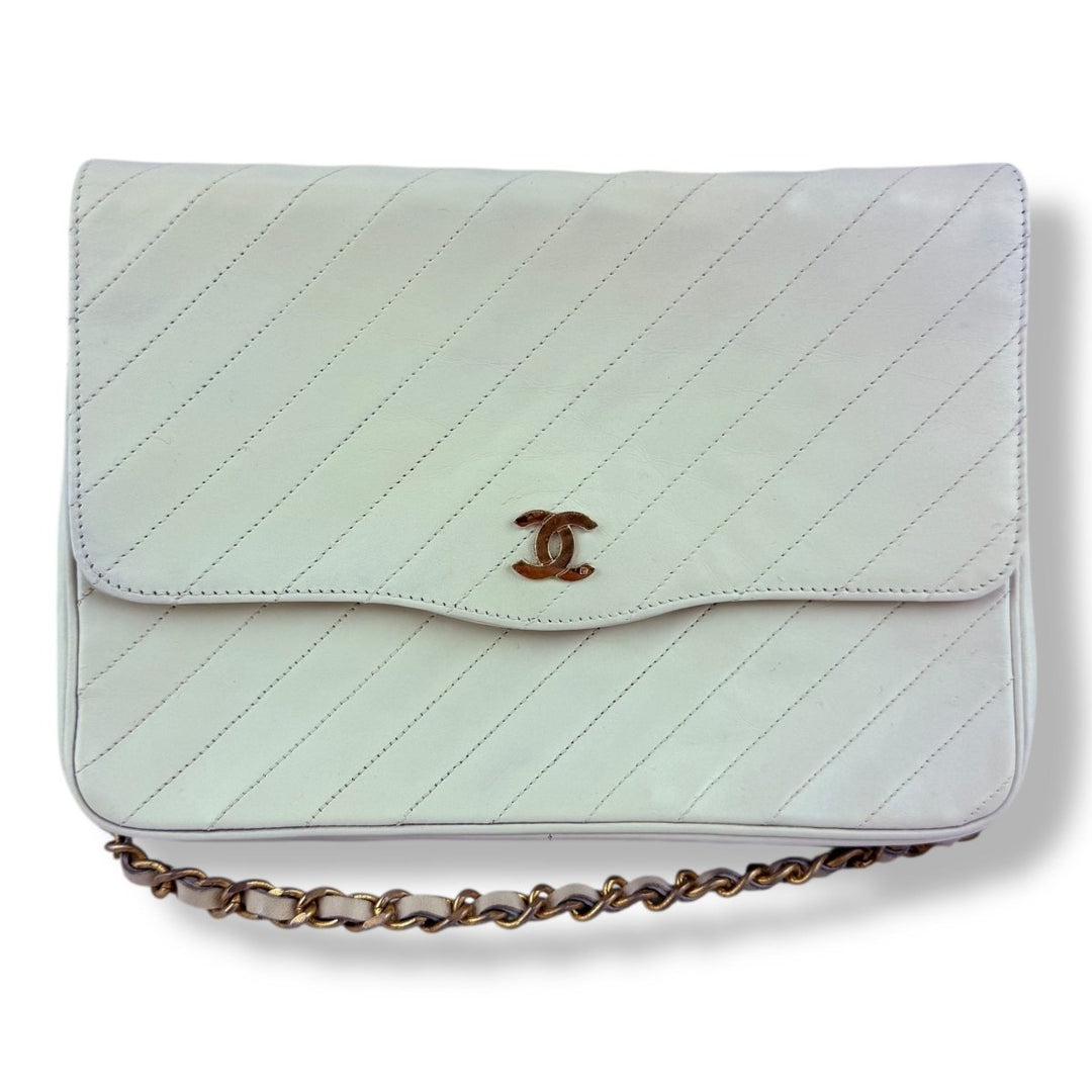 Chanel CC Cream Push Lock Single Flap Vintage Shoulder Handbag - Lux Central