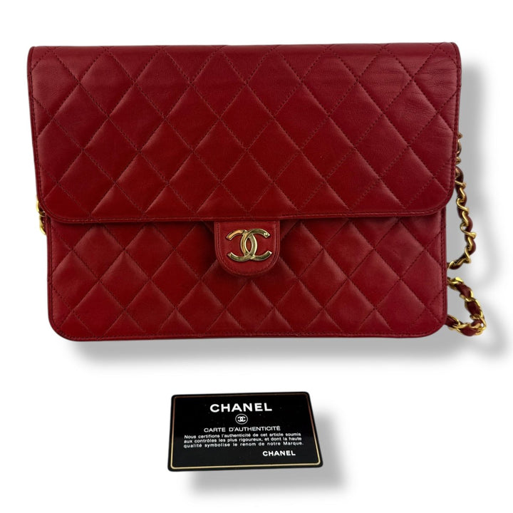 CHANEL CC Logo Matelasse Red Leather Single Flap Chain Shoulder Handbag - Lux Central