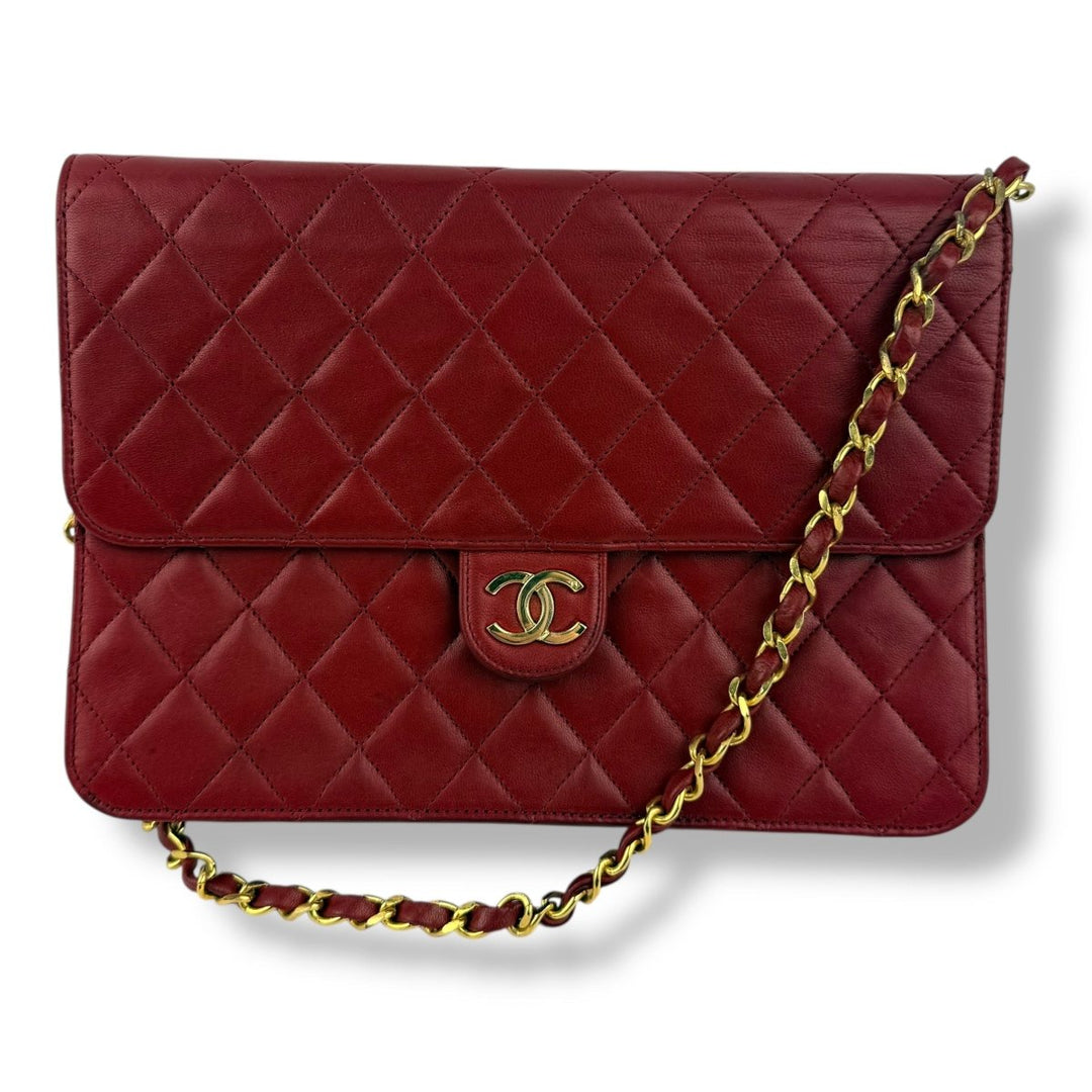 CHANEL CC Logo Matelasse Red Leather Single Flap Chain Shoulder Handbag - Lux Central